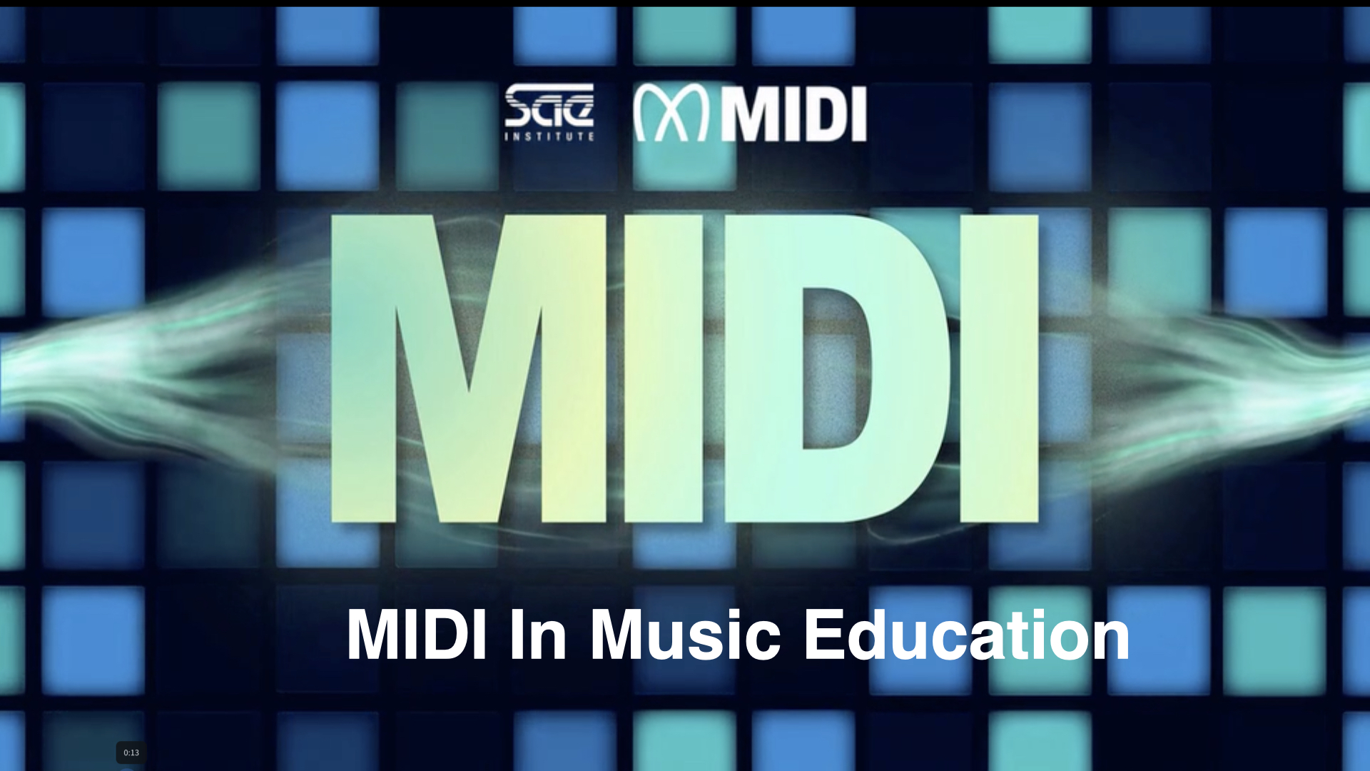 A digital graphic features large text reading MIDI with logos for SAE Institute and MIDI above it, and the phrase MIDI In Music Education at the bottom, set against a background of blue and teal squares.