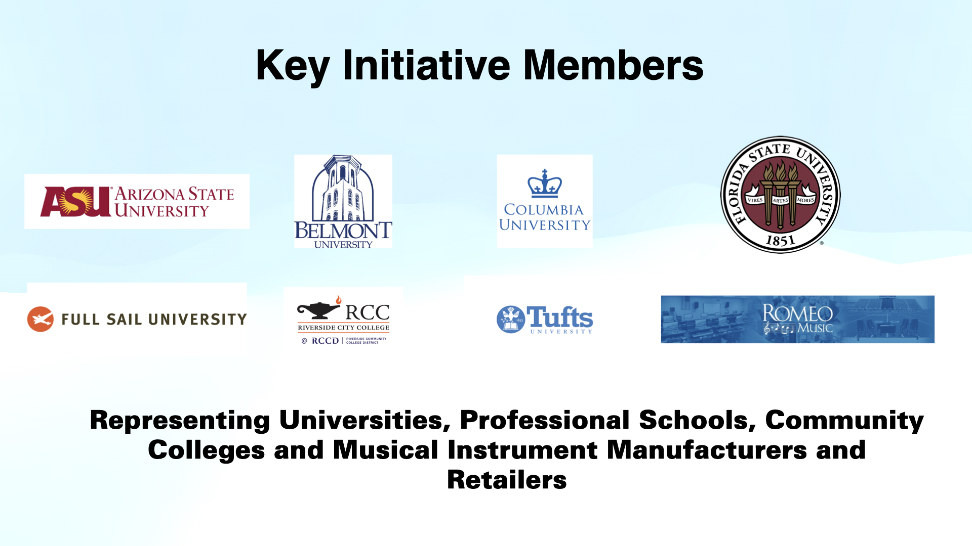 Logos of eight organizations, including Arizona State University, Belmont University, Columbia University, Florida State University, Full Sail University, Riverside City College, Tufts University, and Romeo Music, with initiative member text below.