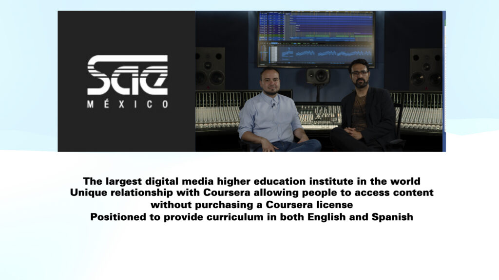 Two men sit in a music studio next to audio equipment. The SAE México logo is displayed on the left. Text below highlights SAE as a top digital media institute with Coursera content access and bilingual curriculum.