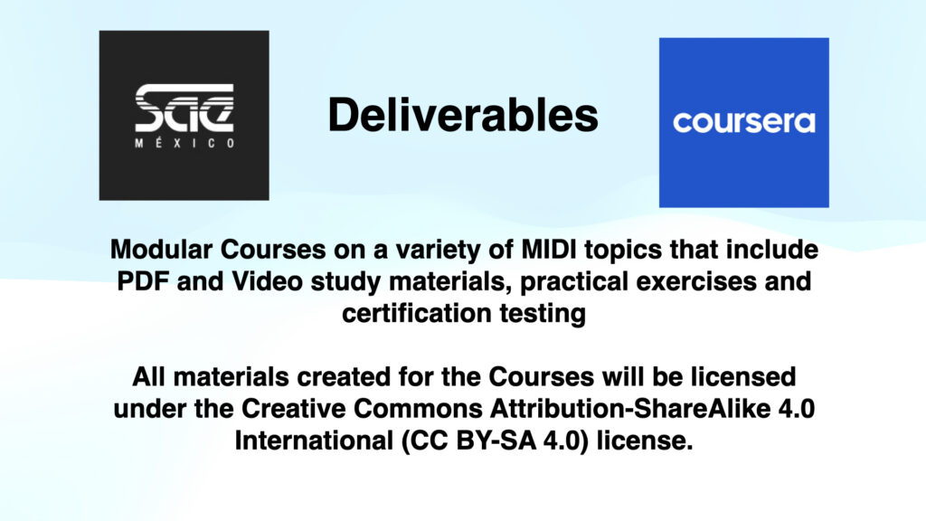 SAE Mexico and Coursera logos with text about modular MIDI courses offering PDF/video materials, practical exercises, certification testing, and Creative Commons BY-SA 4.0 licensing for all course materials.