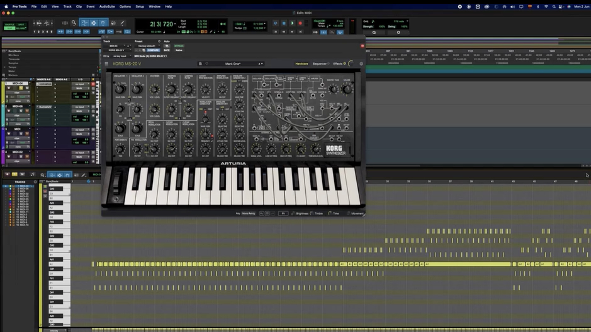 A computer screen displays music production software with a virtual synthesizer interface in the center. Below, a MIDI piano roll shows a sequence of notes, and various tracks and controls are visible in the background.