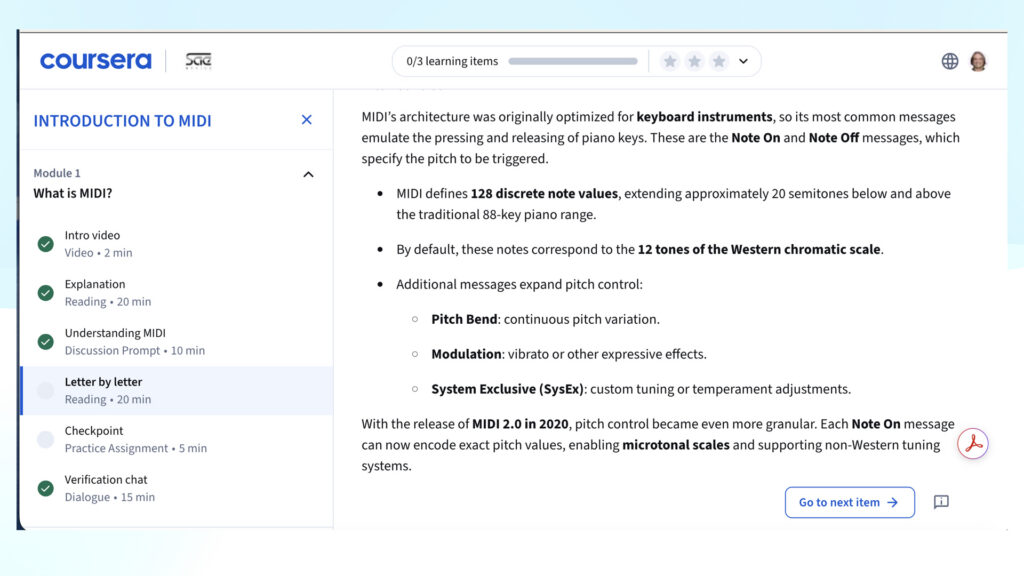 A Coursera course page on “INTRODUCTION TO MIDI” displays a lesson about MIDI note values, keyboard instruments, and pitch control. A bulleted list explains key concepts like pitch bend and system exclusive messages.