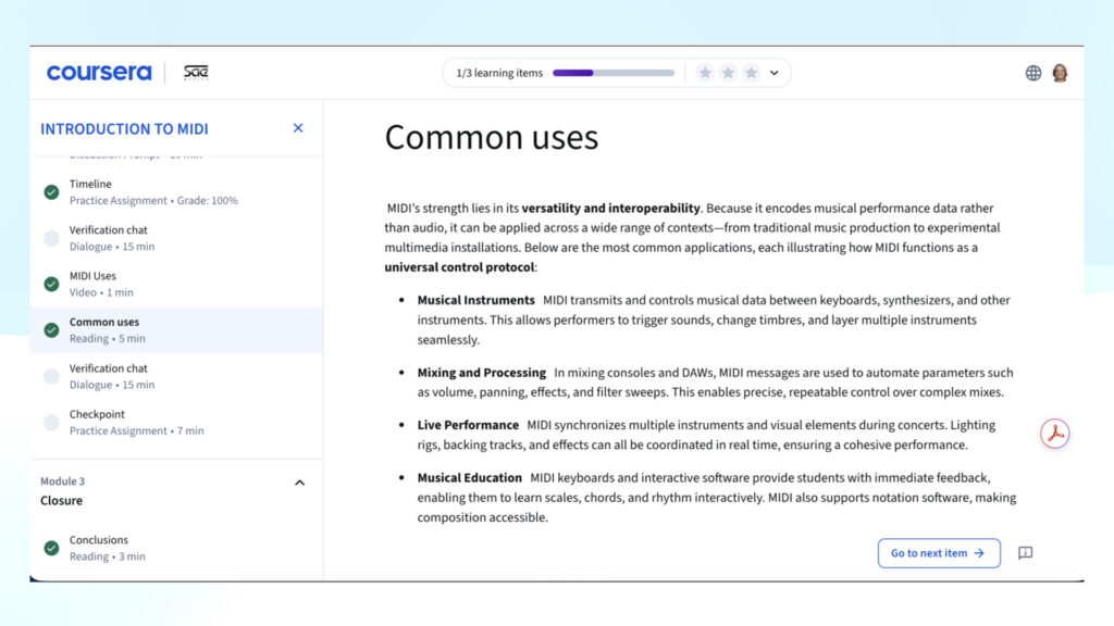 A Coursera online course page titled INTRODUCTION TO MIDI displays a section called Common uses that lists how MIDI is applied in musical instruments, mixing, live performance, and music education, with descriptions for each use.