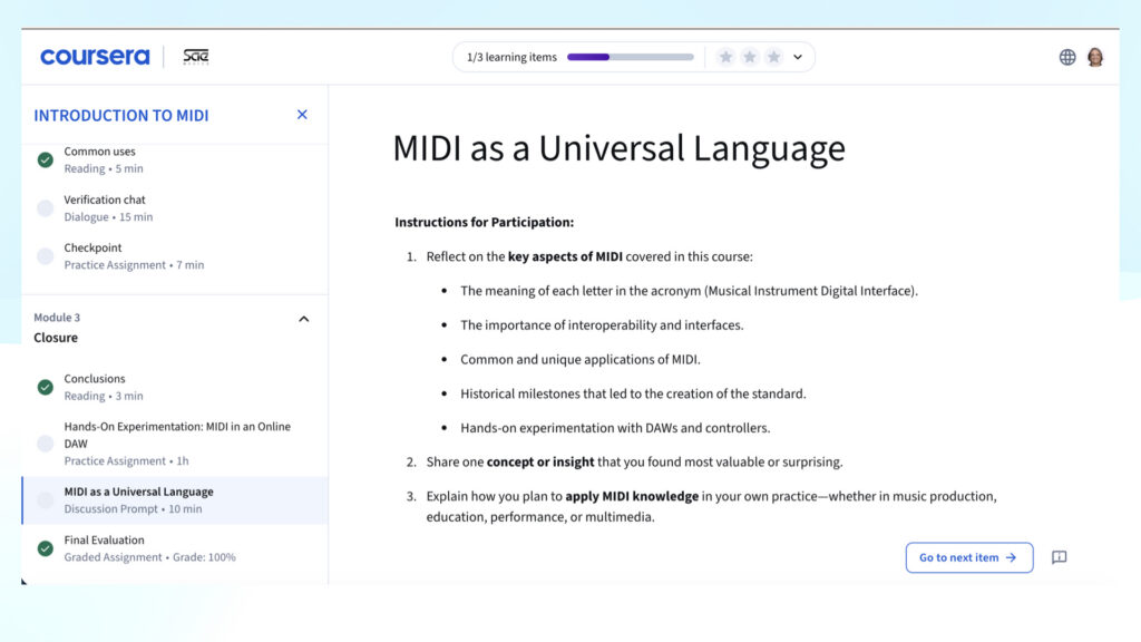 A Coursera course page titled MIDI as a Universal Language displays instructions for participation and a navigation menu on the left listing course modules and lessons about MIDI.
