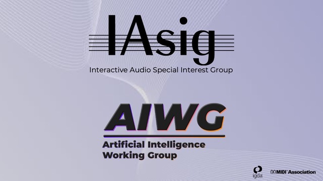 Logos for IA Special Interest Group (IAsig) and Artificial Intelligence Working Group (AIWG) with their full names on a purple background, along with IGDA and MIDI Association logos at the bottom right.