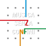 White background with nine small gray squares arranged in a grid. The words MUSICA SENZA CONFINI appear in large white text, intersected by blue, red, green, and orange lines.