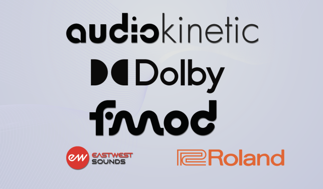 Logos of audio companies: Audiokinetic, Dolby, FMOD, EastWest Sounds, and Roland, displayed on a light gradient background.
