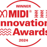 Red and white circular badge with the text Winner MIDI Innovation Awards 2024 and abstract wave and zigzag line graphics, representing a 2024 award for innovation in MIDI technology.