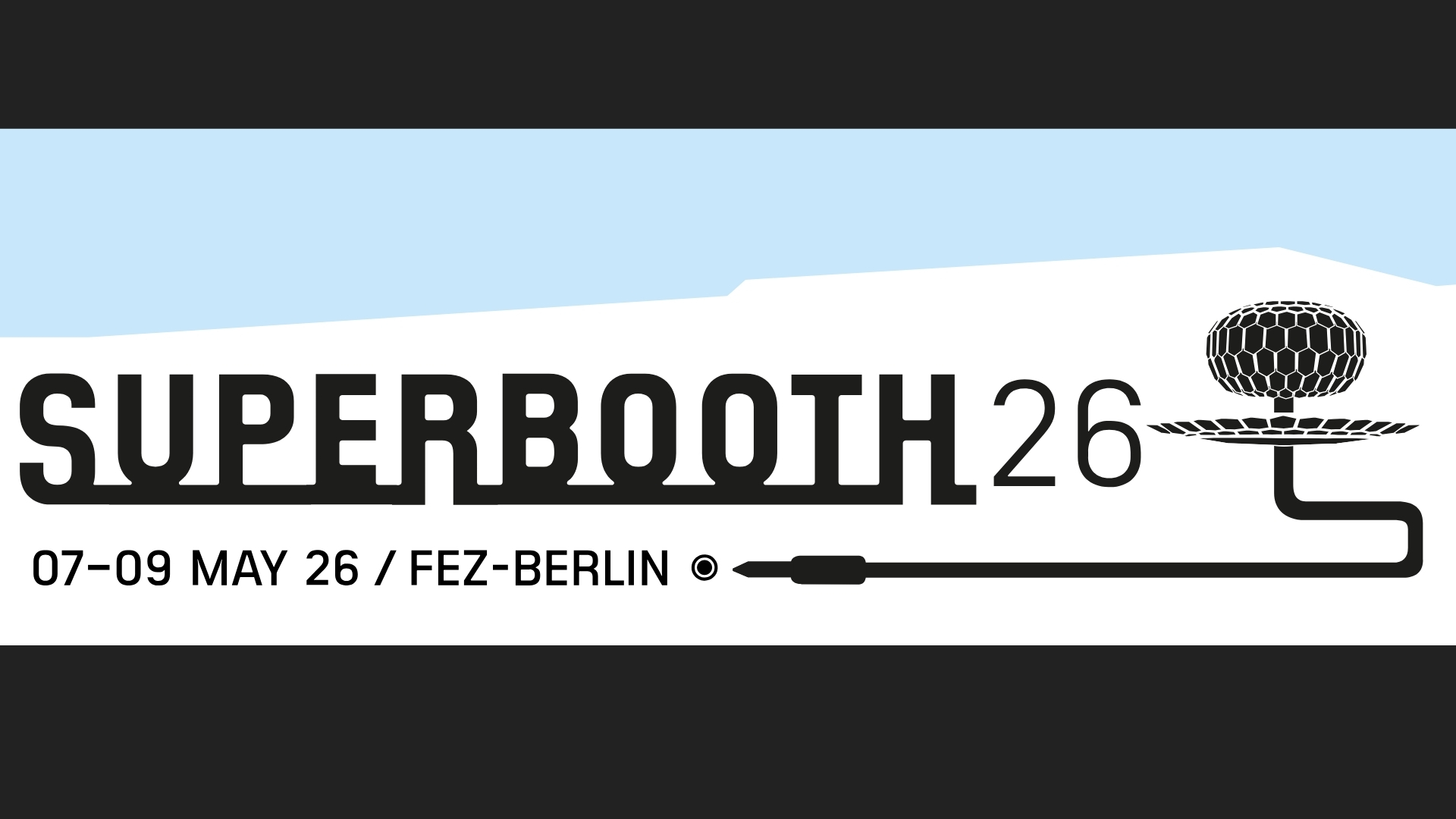 SUPERBOOTH 26 event banner with a synthesizer knob graphic, a cable forming part of the text, and event details: May 7-9, 2026, at FEZ-Berlin. The design uses black text on a white and blue background.