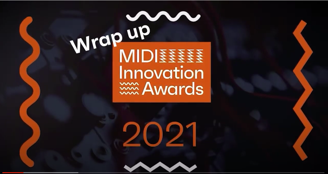 An orange and white graphic reads Wrap up MIDI Innovation Awards 2021 with wavy lines on a dark background featuring blurred electronic components.