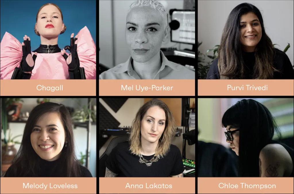 A collage of six portraits of women, each labeled with their names: Chagall, Mel Uye-Parker, Purvi Trivedi, Melody Loveless, Anna Lakatos, and Chloe Thompson. They are shown in different settings and poses.