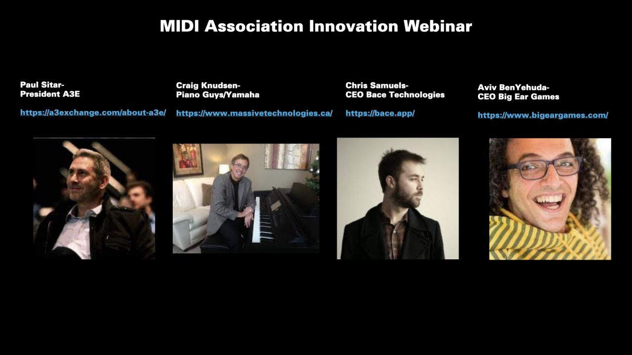 A promotional slide for the MIDI Association Innovation Webinar featuring four speakers: Paul Sitar, Craig Knudsen, Chris Samuels, and Aviv Ben-Yehuda, with their photos, titles, and website links on a black background.