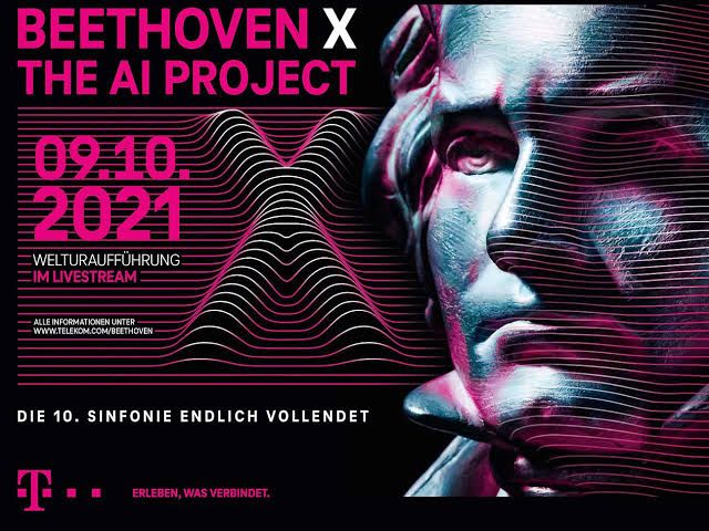 Poster for Beethoven X: The AI Project featuring a stylized image of Beethoven’s face and information about the livestream world premiere on October 9, 2021. Text highlights the completion of Beethoven’s 10th Symphony.