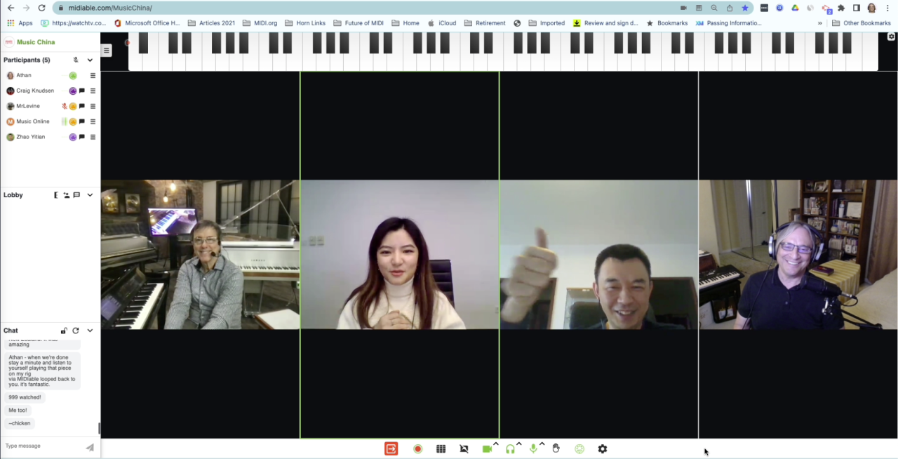 A video call with four people in separate frames, each smiling; one person shows a thumbs up. A digital piano keyboard and browser tabs are visible at the top of the screen.