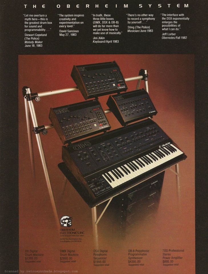 A vintage Oberheim System music equipment setup on a stand, featuring a keyboard, drum machine, sequencer, and synthesizer modules, with labeled descriptions and quotes about the system on a dark background.