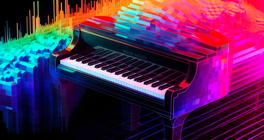 A grand piano with colorful, pixelated digital effects and neon light waves surrounding it, creating a vibrant and futuristic atmosphere against a dark background.