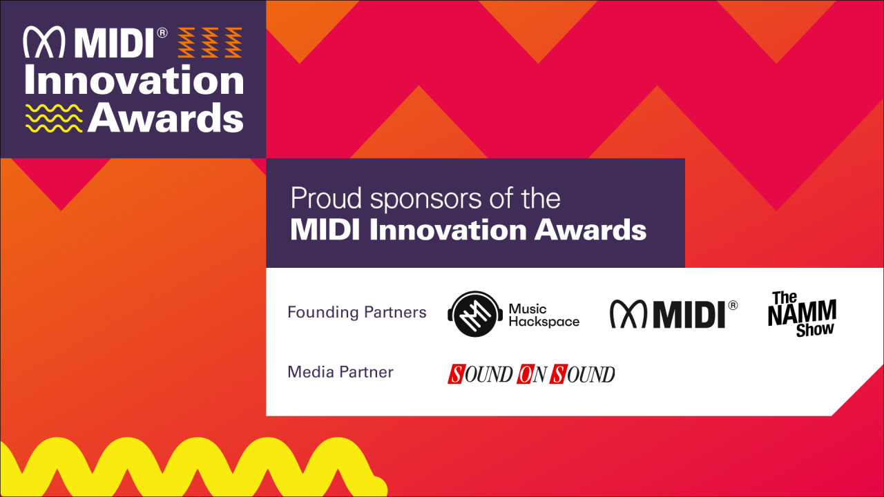 A promotional graphic for the MIDI Innovation Awards features bold colors and zigzag patterns. It lists sponsors and partners: Music Hackspace, MIDI, The NAMM Show, and Sound On Sound.