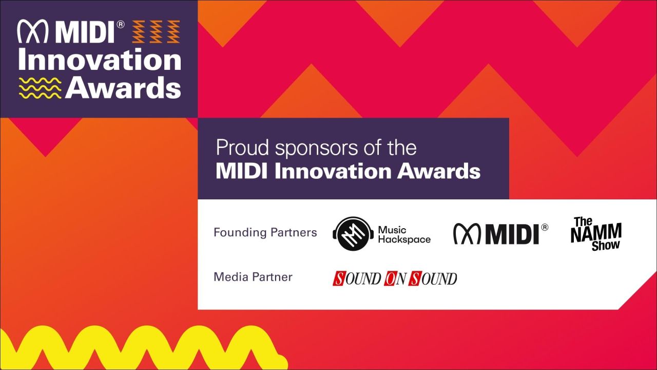 A colorful graphic for the MIDI Innovation Awards, showing sponsor logos: Music Hackspace, MIDI, The NAMM Show, and Sound On Sound, with bright zigzag patterns in red, orange, and yellow.