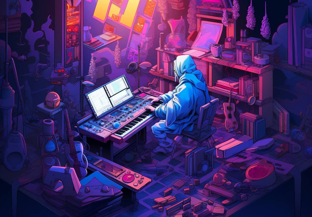 A person in a hoodie sits at a music production desk with keyboards and monitors, surrounded by colorful equipment, books, and instruments in a vibrant, cluttered room lit by neon and purple hues.