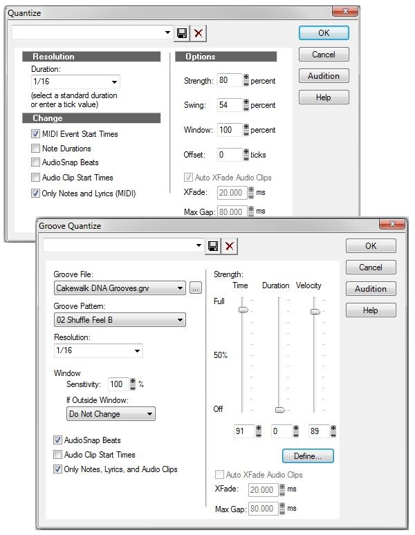 Screenshot of two music editing software dialog boxes titled Quantize and Groove Quantize, showing settings like resolution, strength, shuffle, and various checkboxes for MIDI and audio clip options.