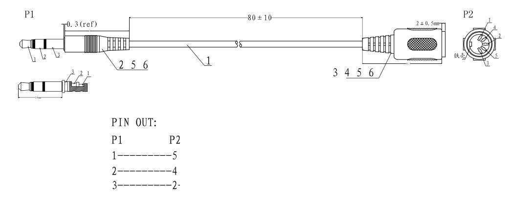 Technical drawing of a cable with a 3.5mm audio jack (P1) on one end and a 6-pin circular connector (P2) on the other; includes pinout diagram and dimensions.