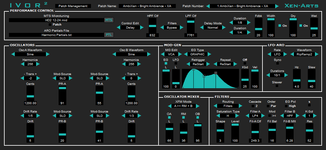A digital synthesizer interface with multiple sliders, knobs, switches, and graphical displays for controlling oscillators, modulation, filters, and other sound parameters, labeled with technical terms and values.