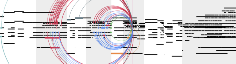 Abstract data visualization with overlapping red, blue, and green concentric arcs over horizontal black bars of varying lengths on a background with alternating white and gray vertical sections.